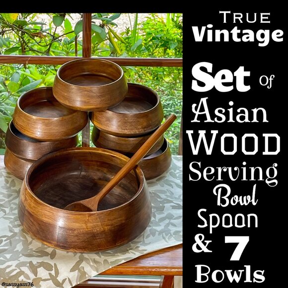 Vintage Other - ⭐️HP⭐️VTG▪️ 70's 80's Boho Rustic Set of ASIAN WOOD Serving Bowl Spoon & 7 Bowls